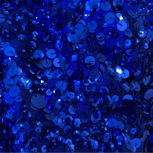 ASOS EDITION Royal Cobalt Blue Sequin Embellished Long Sleeve Faux Wrap Dress - Picture 5 of 12